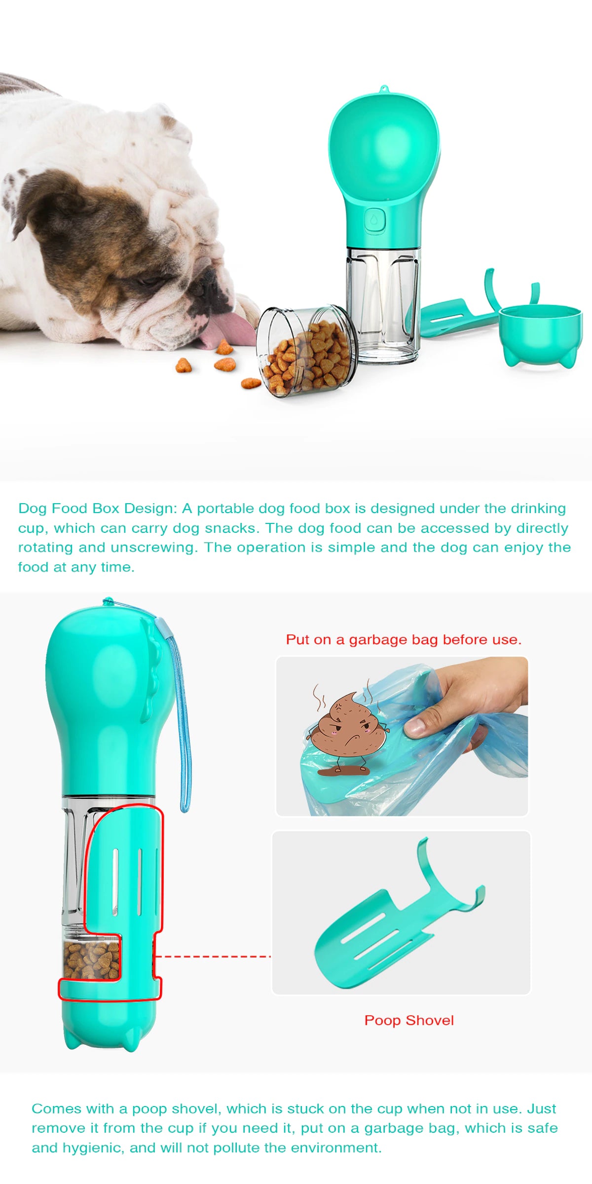 300ml Portable Multifunction Dog Water Bottle Food Feeder For Big Dogs 3 in 1 Poop Dispenser Puppy Pet Travel Drinking Bowls